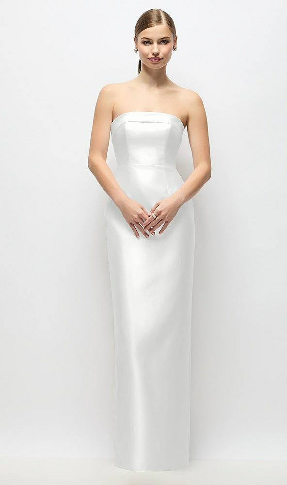 Back View - White Strapless Cuff Satin Maxi Dress with Column Skirt & Back Bow