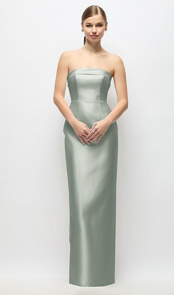 Back View - Willow Green Strapless Cuff Satin Maxi Dress with Column Skirt & Back Bow