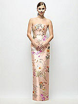 Front View Thumbnail - Butterfly Botanica Pink Sand Strapless Cuff Floral Satin Maxi Dress with Column Skirt & Back Bow