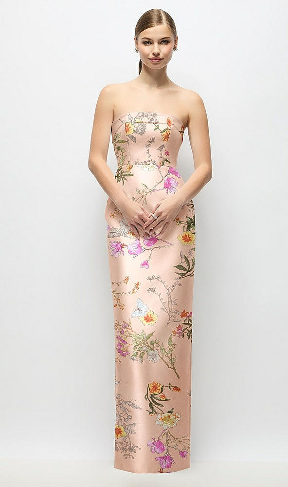 Front View - Butterfly Botanica Pink Sand Strapless Cuff Floral Satin Maxi Dress with Column Skirt & Back Bow