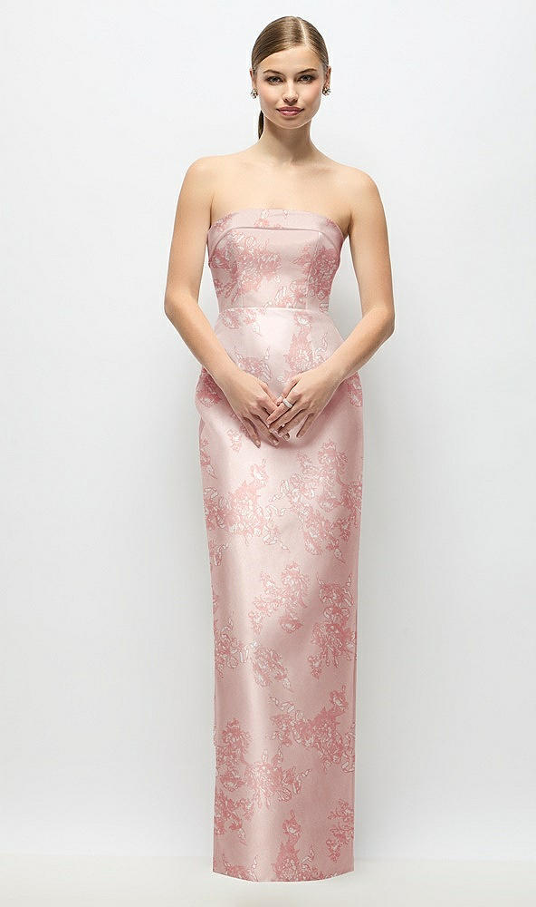 Front View - Bow And Blossom Print Strapless Cuff Floral Satin Maxi Dress with Column Skirt & Back Bow