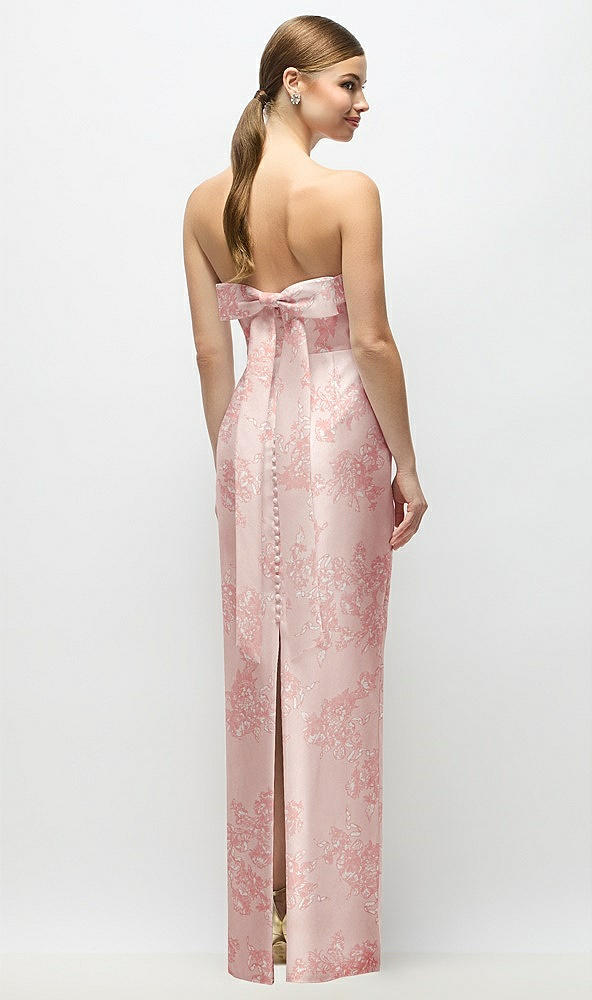 Back View - Bow And Blossom Print Strapless Cuff Floral Satin Maxi Dress with Column Skirt & Back Bow