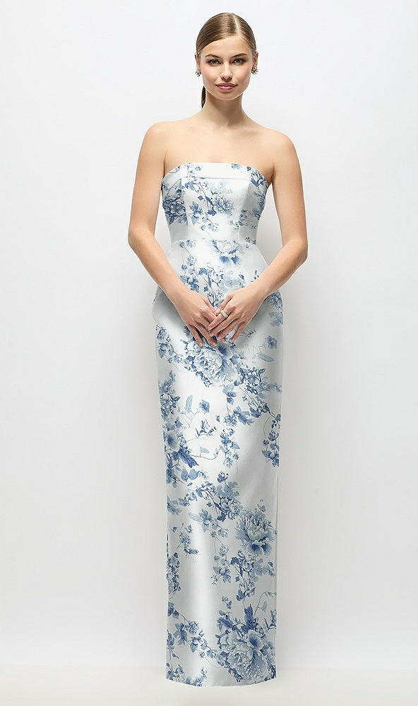 Front View - Cottage Rose Larkspur Strapless Cuff Floral Satin Maxi Dress with Column Skirt & Back Bow