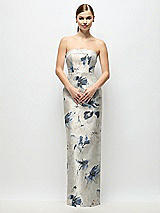 Front View Thumbnail - Inkwash Blue Floral Strapless Cuff Floral Satin Maxi Dress with Column Skirt & Back Bow