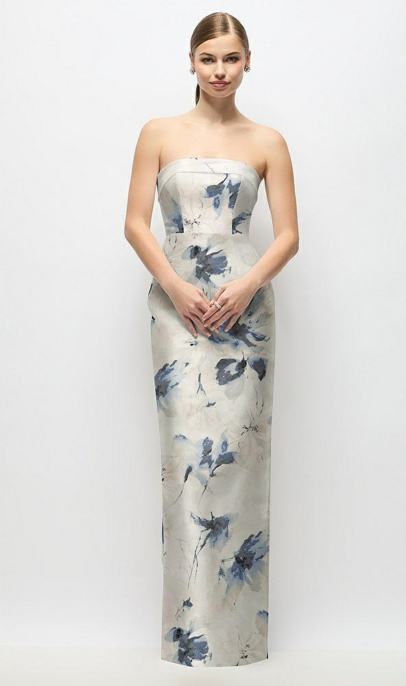 Front View - Inkwash Blue Floral Strapless Cuff Floral Satin Maxi Dress with Column Skirt & Back Bow