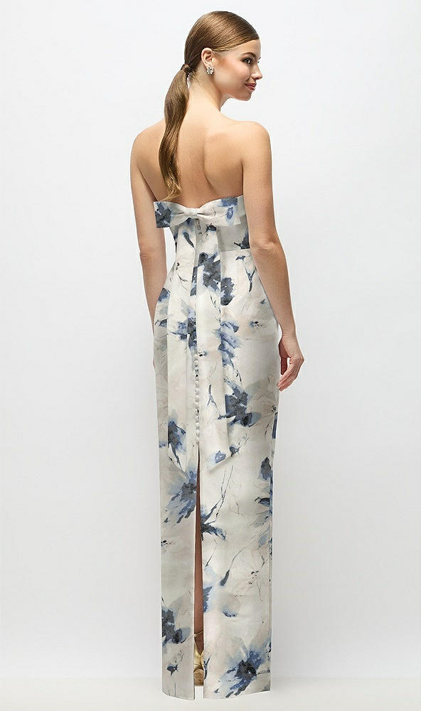 Back View - Inkwash Blue Floral Strapless Cuff Floral Satin Maxi Dress with Column Skirt & Back Bow