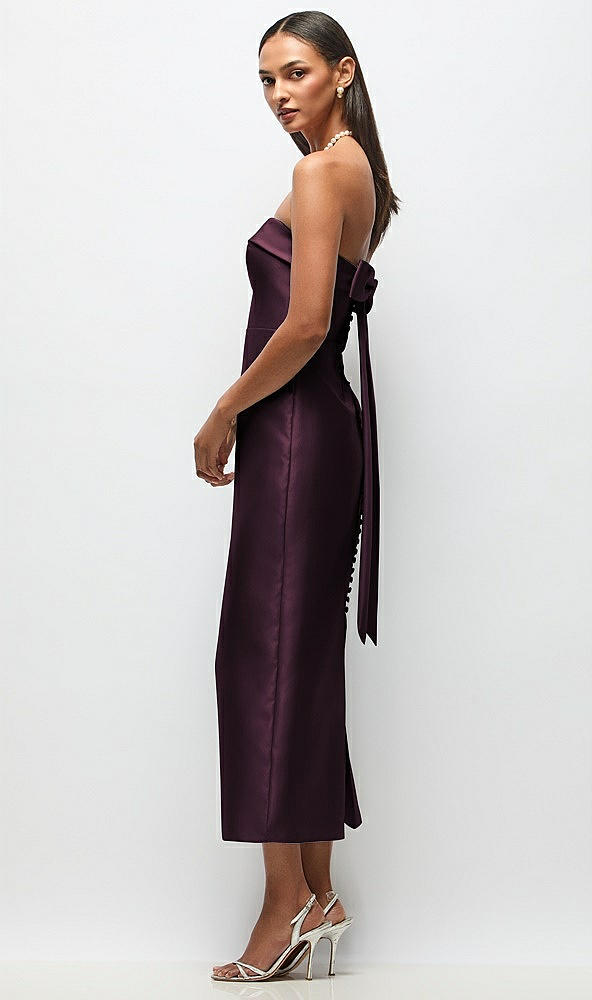 Front View - Deep Plum Strapless Cuff Satin Midi Dress with Column Skirt & Back Bow