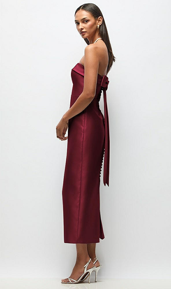 Front View - Cabernet Strapless Cuff Satin Midi Dress with Column Skirt & Back Bow