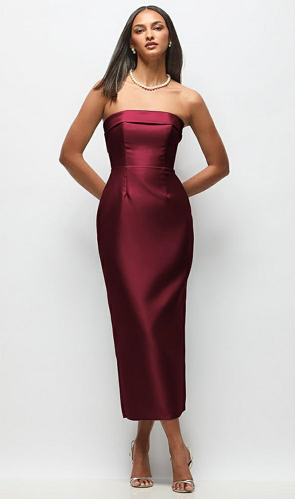 Back View - Cabernet Strapless Cuff Satin Midi Dress with Column Skirt & Back Bow