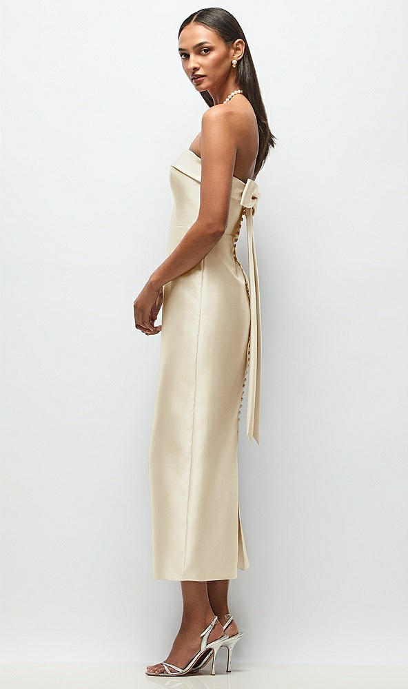 Front View - Champagne Strapless Cuff Satin Midi Dress with Column Skirt & Back Bow