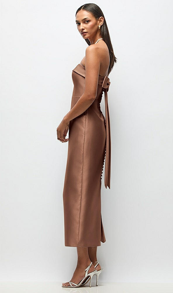 Front View - Cognac Strapless Cuff Satin Midi Dress with Column Skirt & Back Bow