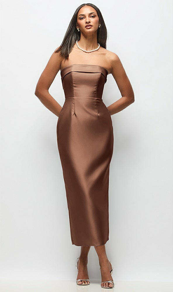 Back View - Cognac Strapless Cuff Satin Midi Dress with Column Skirt & Back Bow
