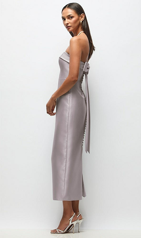 Front View - Cashmere Gray Strapless Cuff Satin Midi Dress with Column Skirt & Back Bow