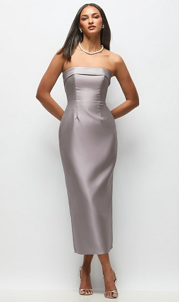 Back View - Cashmere Gray Strapless Cuff Satin Midi Dress with Column Skirt & Back Bow