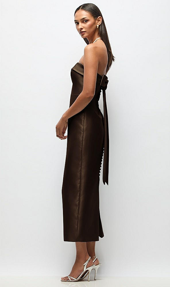 Front View - Espresso Strapless Cuff Satin Midi Dress with Column Skirt & Back Bow