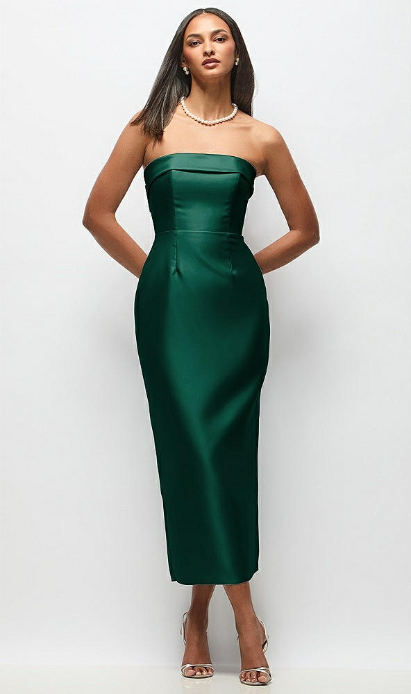 Back View - Hunter Green Strapless Cuff Satin Midi Dress with Column Skirt & Back Bow