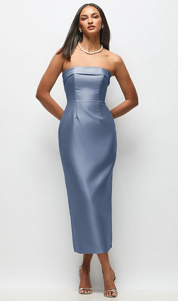 Back View - Larkspur Blue Strapless Cuff Satin Midi Dress with Column Skirt & Back Bow