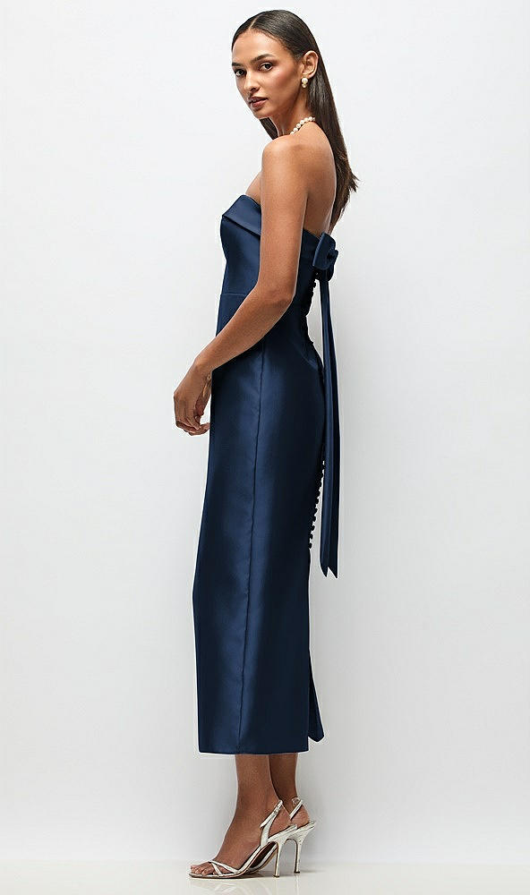 Front View - Midnight Navy Strapless Cuff Satin Midi Dress with Column Skirt & Back Bow