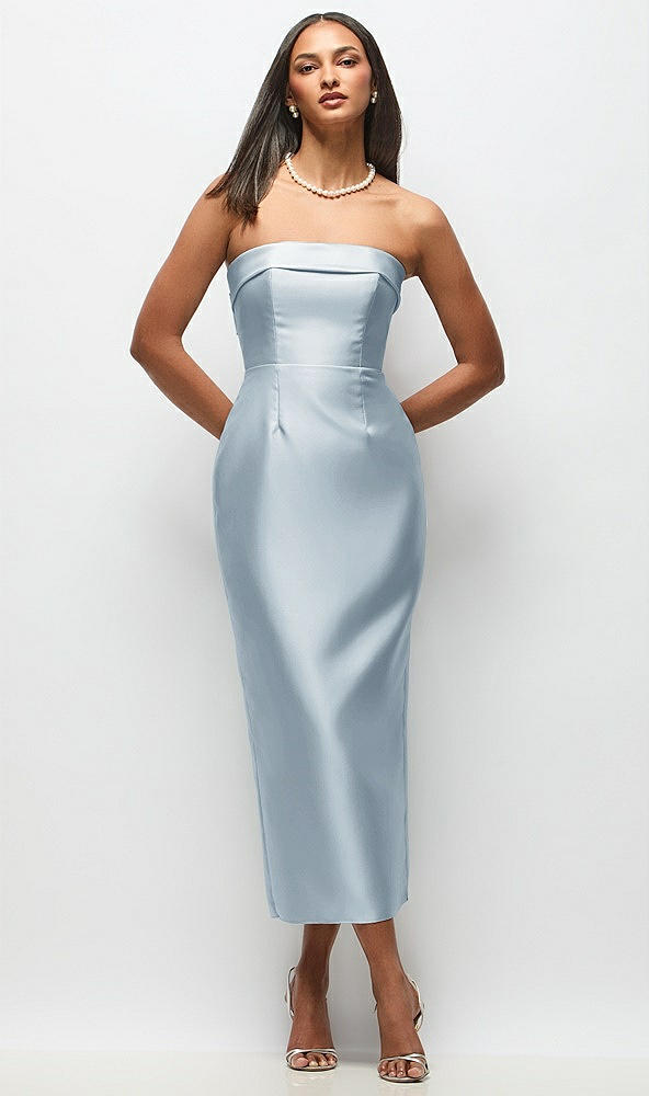 Back View - Mist Strapless Cuff Satin Midi Dress with Column Skirt & Back Bow