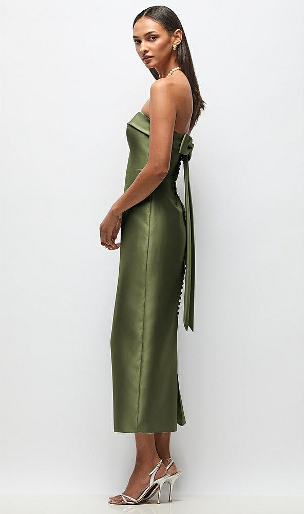 Front View - Olive Green Strapless Cuff Satin Midi Dress with Column Skirt & Back Bow