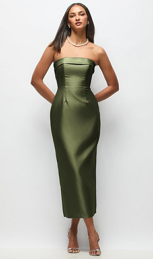 Back View - Olive Green Strapless Cuff Satin Midi Dress with Column Skirt & Back Bow