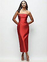 Rear View Thumbnail - Poppy Red Strapless Cuff Satin Midi Dress with Column Skirt & Back Bow 