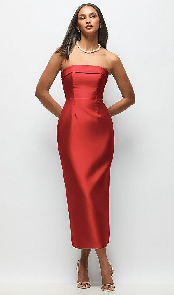 Back View - Poppy Red Strapless Cuff Satin Midi Dress with Column Skirt & Back Bow 