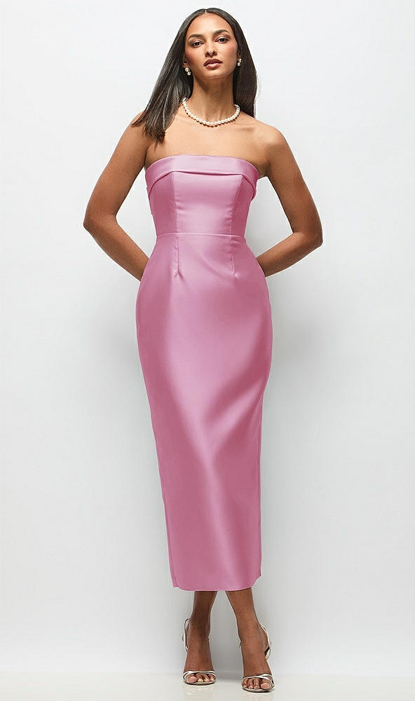 Back View - Powder Pink Strapless Cuff Satin Midi Dress with Column Skirt & Back Bow