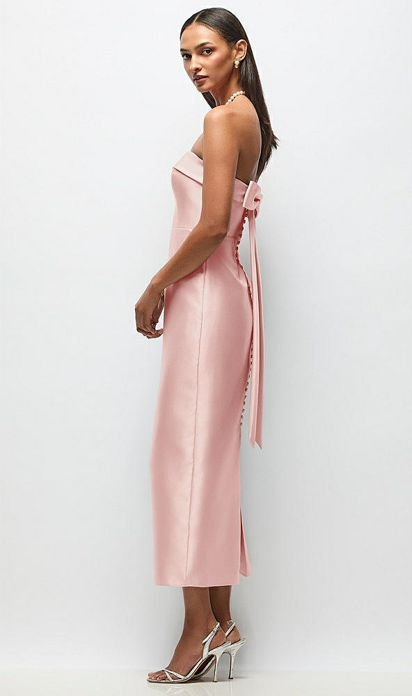Front View - Rose Strapless Cuff Satin Midi Dress with Column Skirt & Back Bow