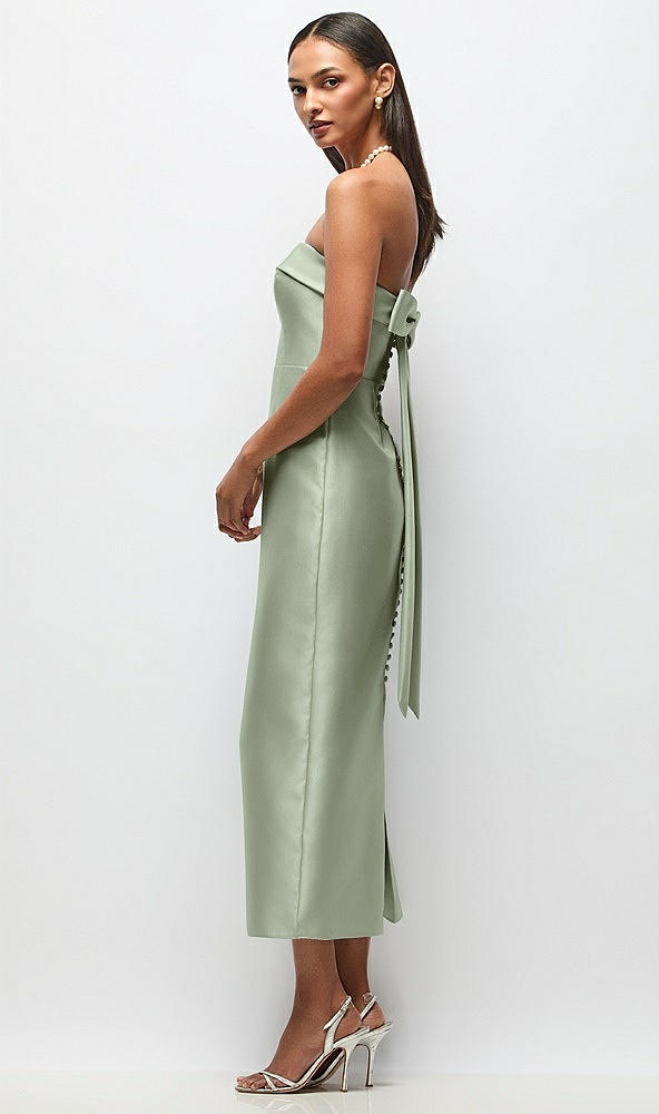 Front View - Sage Strapless Cuff Satin Midi Dress with Column Skirt & Back Bow