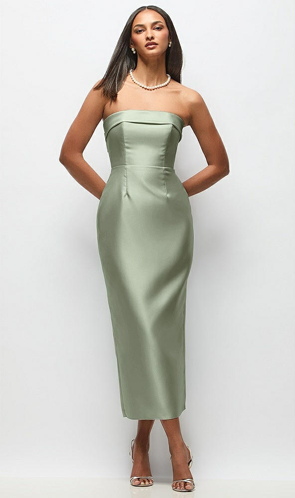 Back View - Sage Strapless Cuff Satin Midi Dress with Column Skirt & Back Bow
