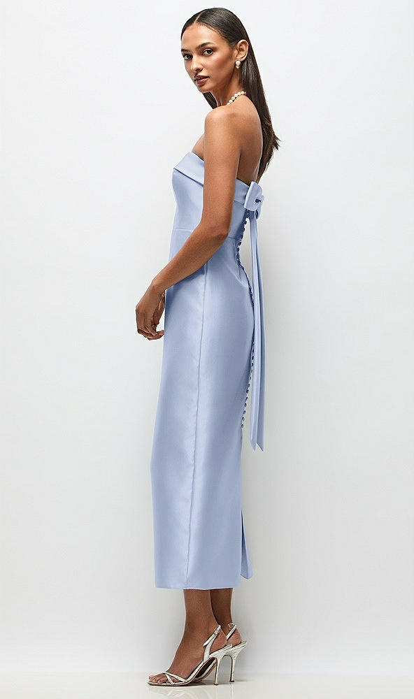Front View - Sky Blue Strapless Cuff Satin Midi Dress with Column Skirt & Back Bow