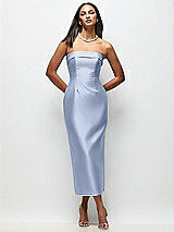 Rear View Thumbnail - Sky Blue Strapless Cuff Satin Midi Dress with Column Skirt & Back Bow