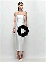 Video 1 Thumbnail - Ivory Strapless Cuff Satin Midi Dress with Column Skirt & Back Bow 
