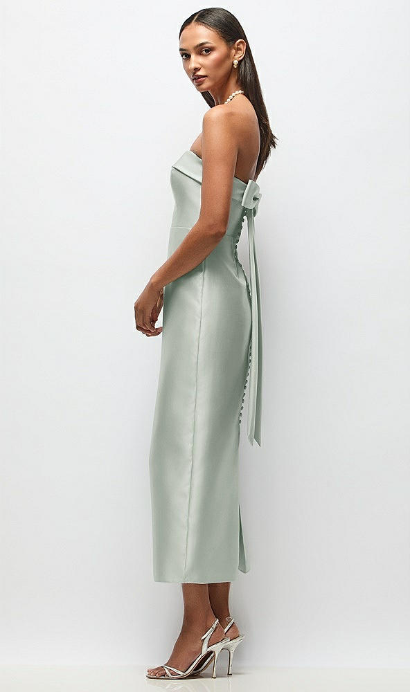 Front View - Willow Green Strapless Cuff Satin Midi Dress with Column Skirt & Back Bow
