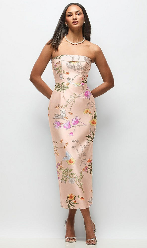 Front View - Butterfly Botanica Pink Sand Strapless Cuff Floral Satin Midi Dress with Column Skirt & Back Bow