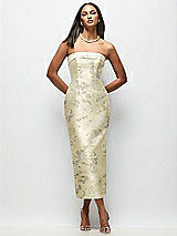 Front View Thumbnail - Butter Yellow Floral Strapless Cuff Floral Satin Midi Dress with Column Skirt & Back Bow 