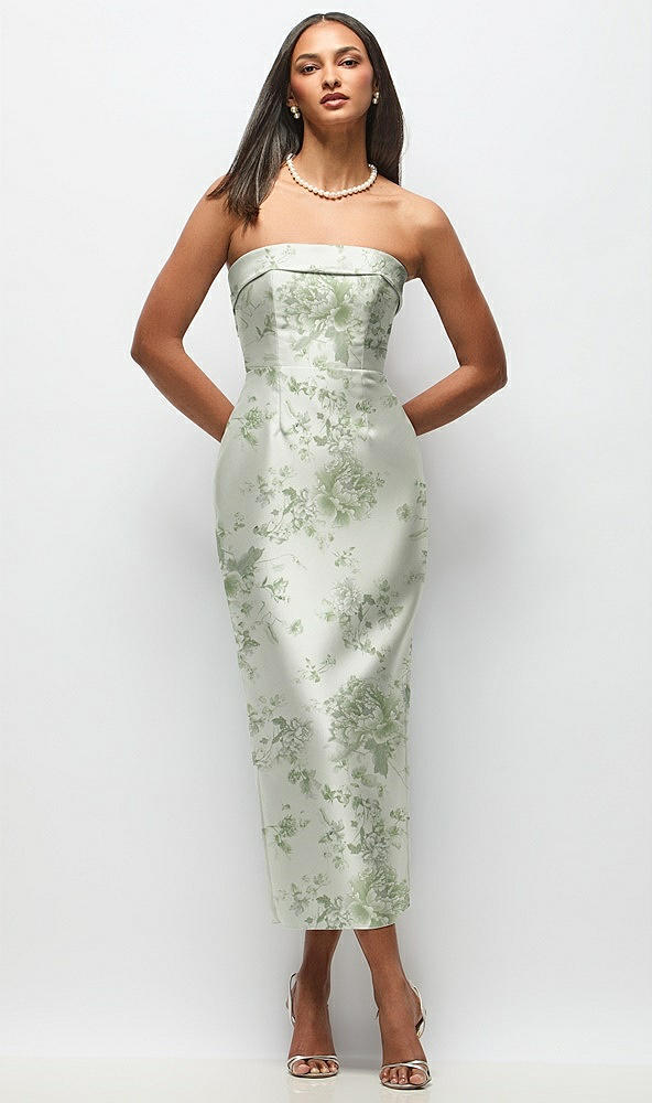 Front View - Sage Cottage Rose Strapless Cuff Floral Satin Midi Dress with Column Skirt & Back Bow
