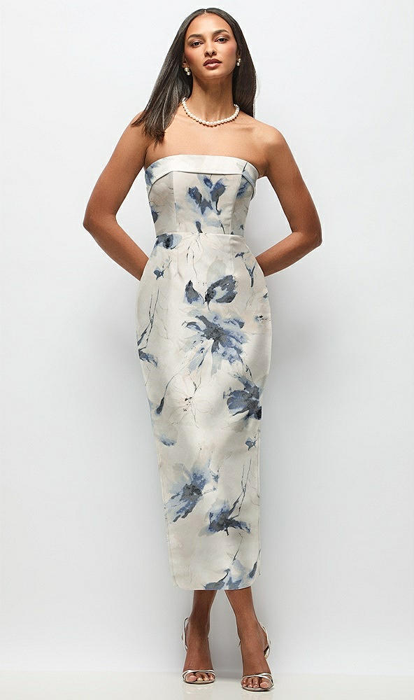 Front View - Inkwash Blue Floral Strapless Cuff Floral Satin Midi Dress with Column Skirt & Back Bow