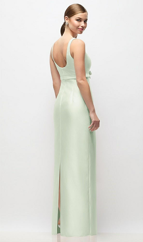 Back View - Mint Green Scoop Neck Satin Column Maxi Dress with Bow at Empire Waist