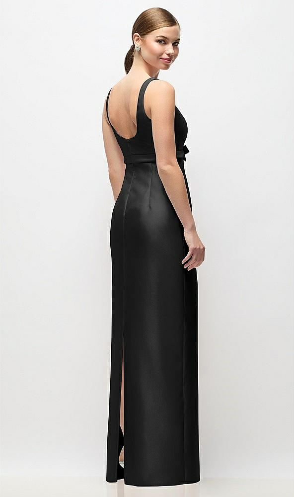 Back View - Black Scoop Neck Satin Column Maxi Dress with Bow at Empire Waist