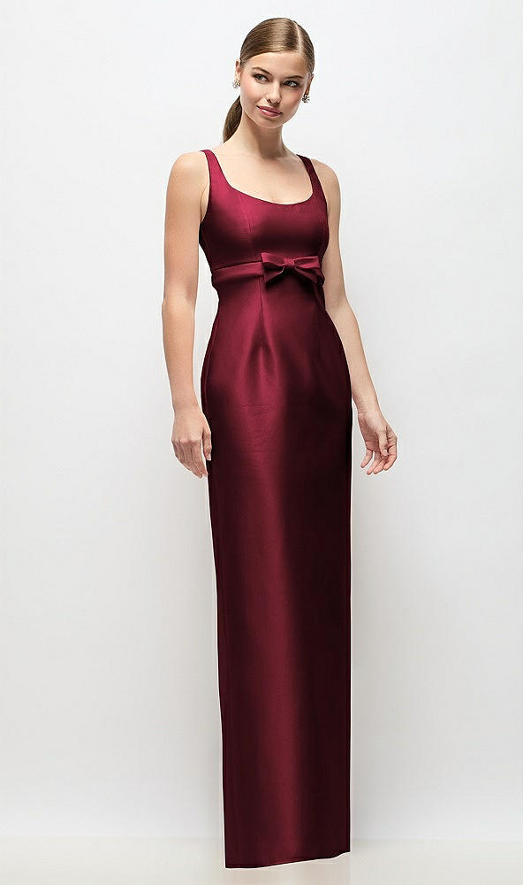 Front View - Cabernet Scoop Neck Satin Column Maxi Dress with Bow at Empire Waist