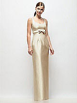 Front View Thumbnail - Champagne Scoop Neck Satin Column Maxi Dress with Bow at Empire Waist