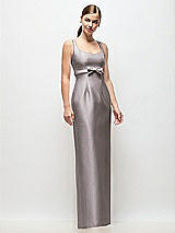 Front View Thumbnail - Cashmere Gray Scoop Neck Satin Column Maxi Dress with Bow at Empire Waist