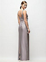 Rear View Thumbnail - Cashmere Gray Scoop Neck Satin Column Maxi Dress with Bow at Empire Waist