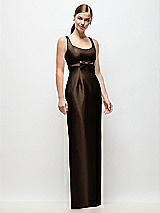 Front View Thumbnail - Espresso Scoop Neck Satin Column Maxi Dress with Bow at Empire Waist
