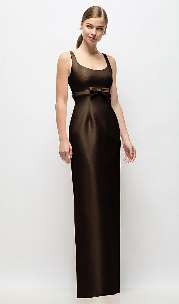 Front View - Espresso Scoop Neck Satin Column Maxi Dress with Bow at Empire Waist