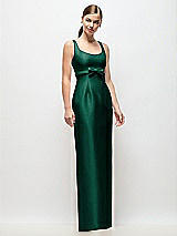 Front View Thumbnail - Hunter Green Scoop Neck Satin Column Maxi Dress with Bow at Empire Waist