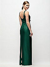 Rear View Thumbnail - Hunter Green Scoop Neck Satin Column Maxi Dress with Bow at Empire Waist