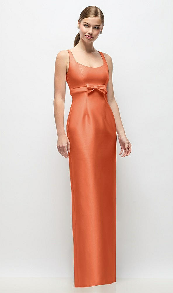 Front View - Portofino Orange Scoop Neck Satin Column Maxi Dress with Bow at Empire Waist